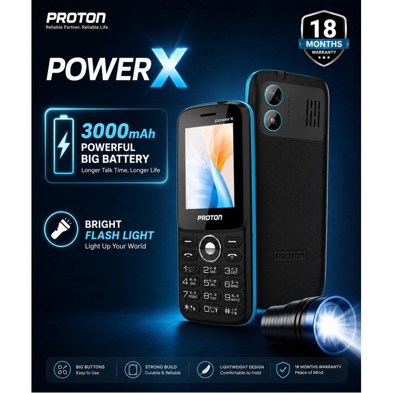 Proton RE-PowerX Feature Phone with 3000mAh Monster Battery, Big Torch, Dual SIM & Long Battery Backup โ Free Delivery (Any Color)