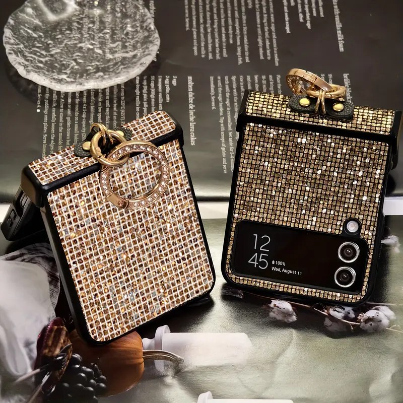 Artificial Diamond-Plated Ring Buckle Phone Case for Z Flip 8 7 6 5 4 3 Series Featuring a Luxury Design Shiny