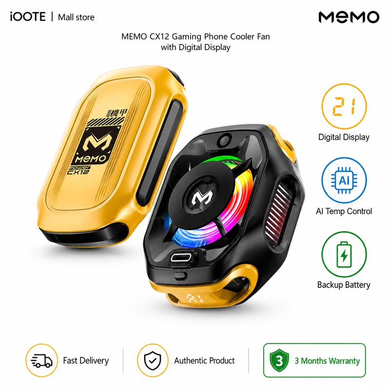 MEMO CX12 Gaming Phone Cooler Fan with Digital Display | AI Temp Control & Backup Battery | 3 Months Warranty