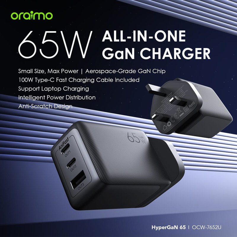 oraimo HyperGaN 65 65W GaN Wall Charger Kit with 100W CC Cable (OCW-7652E+116CC)